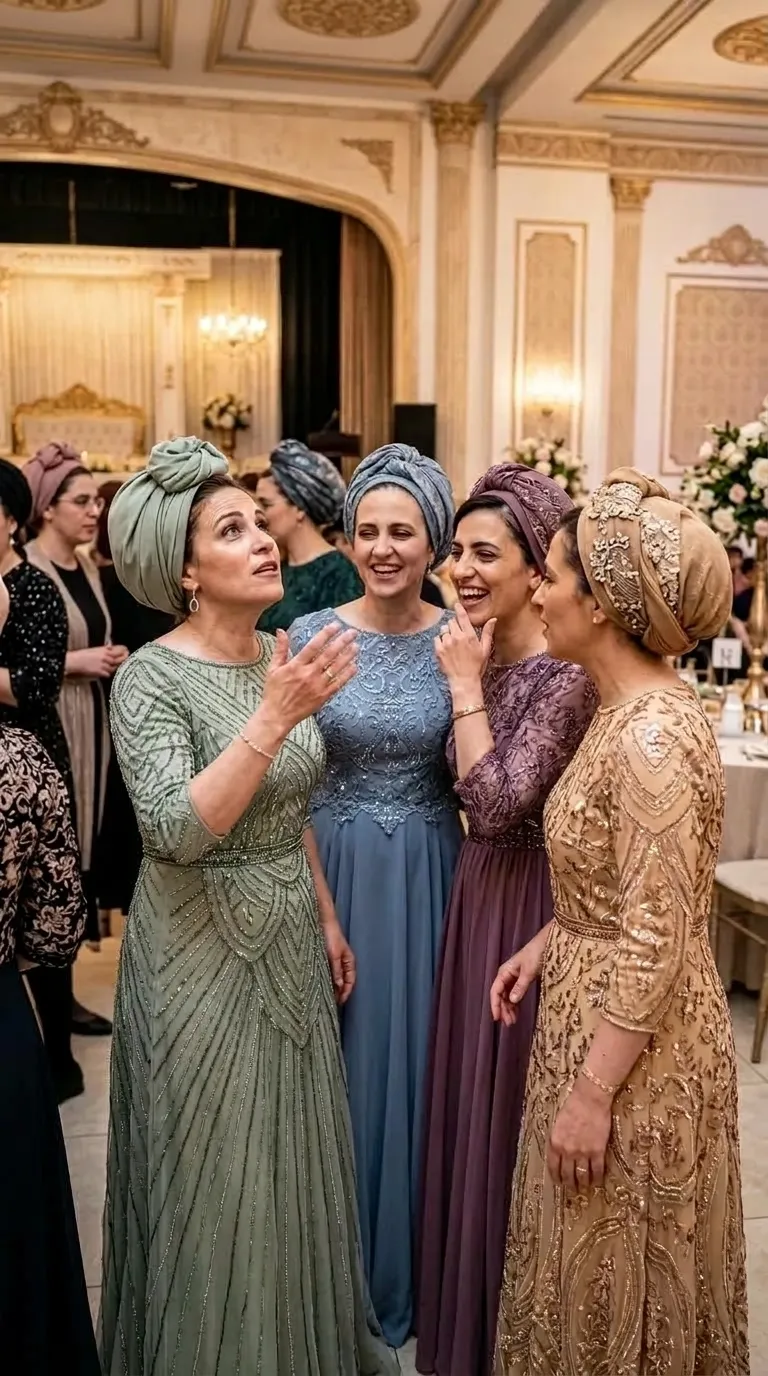 Long A-line evening gowns with three-quarter sleeves and a round neckline, embellished with beaded and sequined embroidery in rich geometric and floral patterns. The garments are made from flowing fabrics in shades of sage green, dusty blue and gold, and include matching headpieces adorned with lace and beaded appliqués.