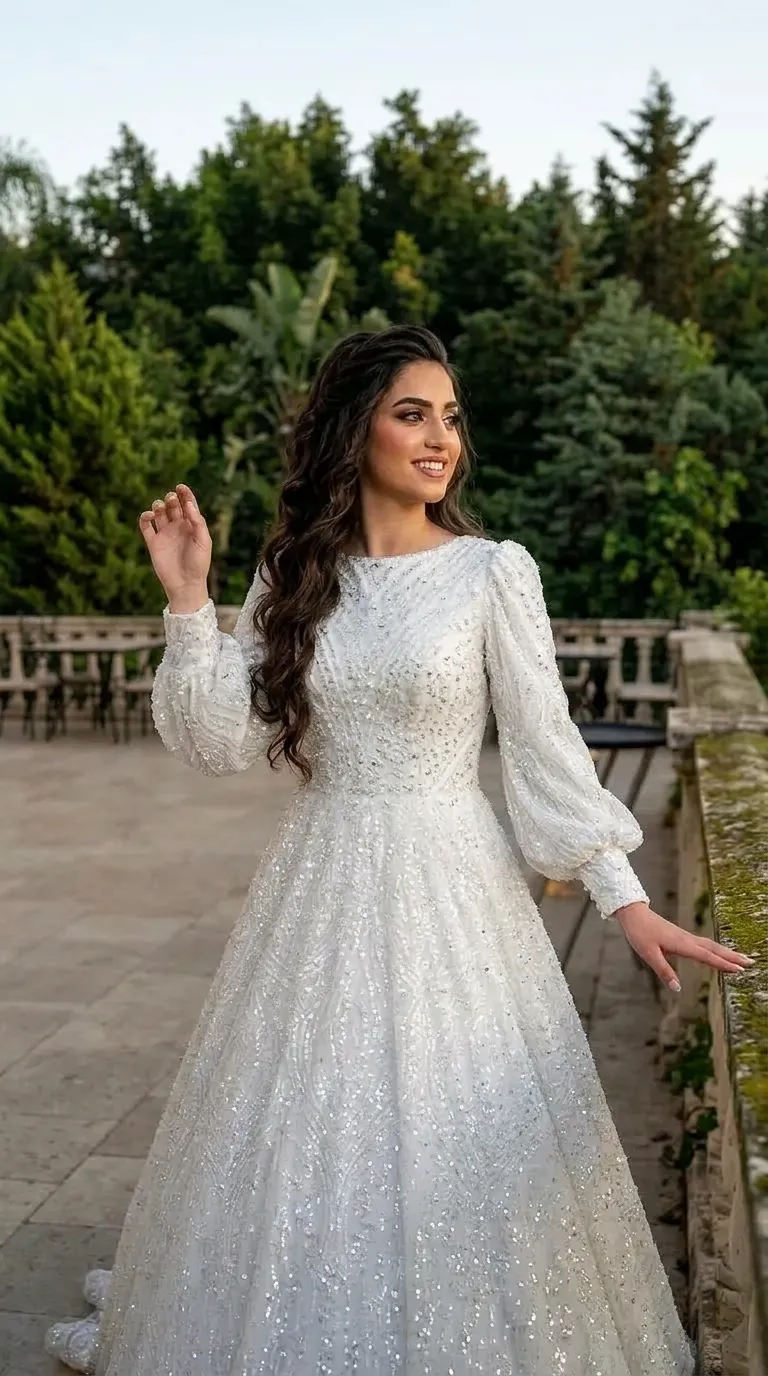 A white A-line wedding dress decorated throughout with sparkling beads and sequins that create delicate lace patterns. The dress has a high round neckline and long, puffy "bishop" style sleeves that end in tight cuffs that give the garment a rich, shimmering look.