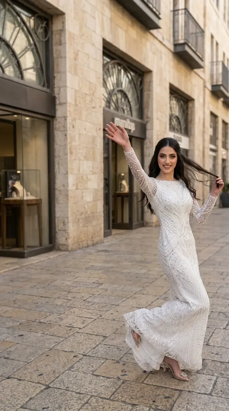 שמלת כלה לבנה בגזרת בת-ים צמודה, בעלת שרוולים ארוכים ומפתח צוואר סירה גבוה. הבגד מעוטר לכל אורכו בעיטורי חרוזים ופנינים נוצצים המסודרים בדוגמאות גיאומטריות וגליות על גבי בד עדין.