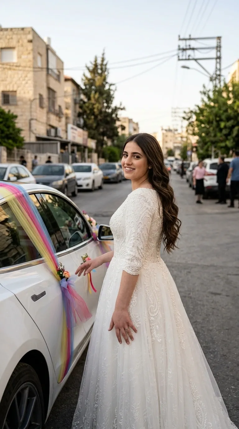 שמלת כלה לבנה בגזרת A-line עם מותן מודגשת וחצאית רחבה העשויה משכבות בד טול עם עיטורי תחרה ורקמה בדוגמאות פייזלי ופרחים לכל אורכה. השמלה בעלת שרוולי שלושה רבעים ומחשוף עגול וצנוע, כאשר הבד הרקום מכסה את כל חלקי השמלה מהכתפיים ועד למכפלת.