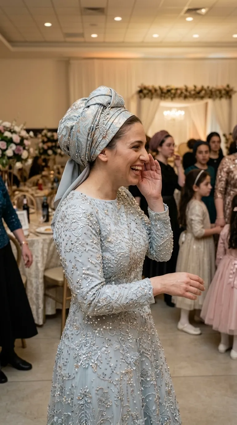 A light blue evening dress with long sleeves and a closed round neckline, decorated throughout with floral lace embroidery, small pearls and sparkling silver sequins. The dress is made of a delicate and luxurious fabric in an A-line cut, featuring a fitted top and a skirt that gently flares from the waist down.