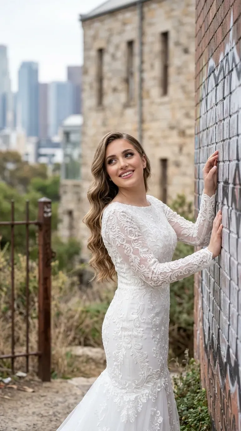 שמלת כלה לבנה בגזרת בת הים, המעוטרת לאורכה ברקמת תחרה בדוגמאות פרחים וערבסקיות מורכבות. לשמלה צווארון סירה מעוגל ושרוולים ארוכים ושקופים למחצה המכוסים בעיטורי תחרה תואמים, כאשר חלקה התחתון של החצאית מתרחב בבד טול רך.