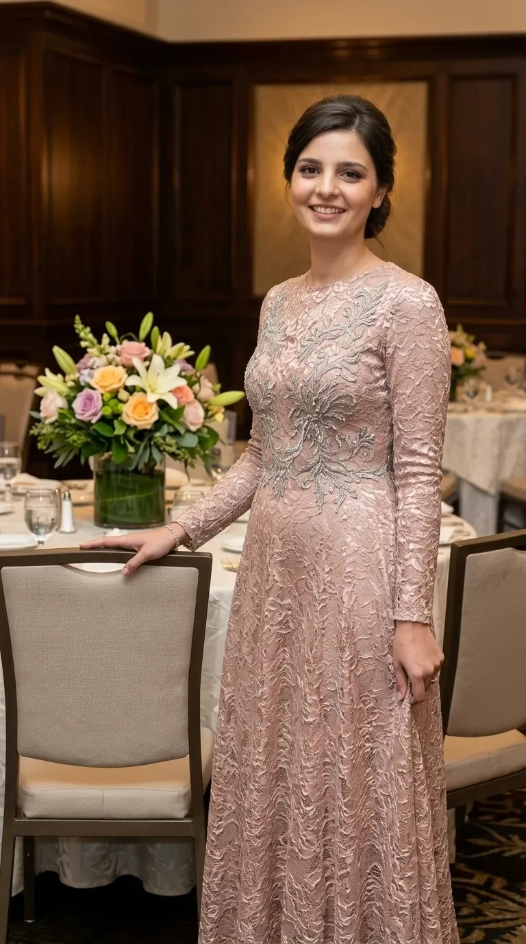 An antique pink evening dress made of lace fabric with a floral pattern, with long sleeves and a round, closed collar. The front of the dress is decorated with intricate silver beaded embroidery in organic patterns that extend from the chest to the waist. The dress is designed in a classic A-line cut that flows down the full length.