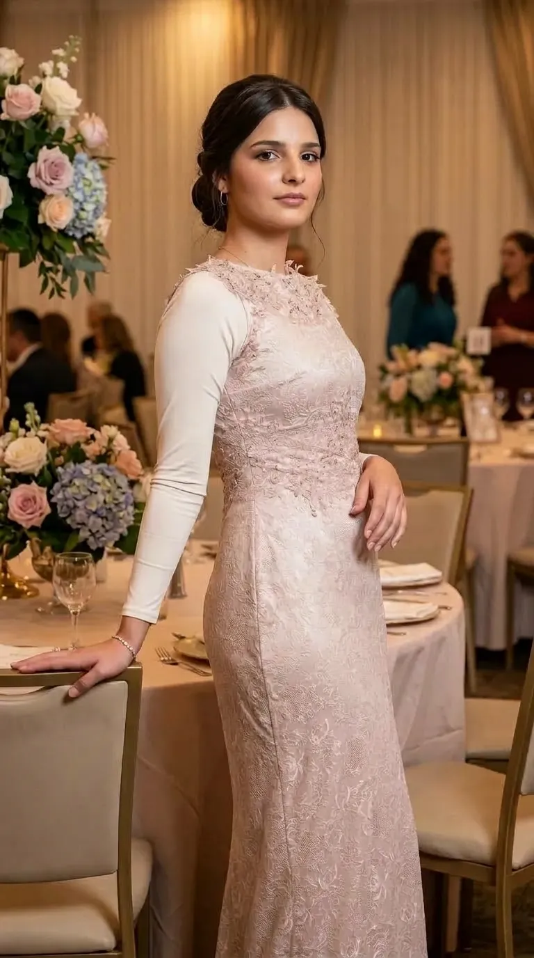 A fitted, powder pink, column-cut evening dress made of rich floral lace with a high round neckline adorned with bold floral appliqués. The dress has long, fitted sleeves with a smooth, light-colored finish, and delicate embroidery covering the entire torso and skirt.