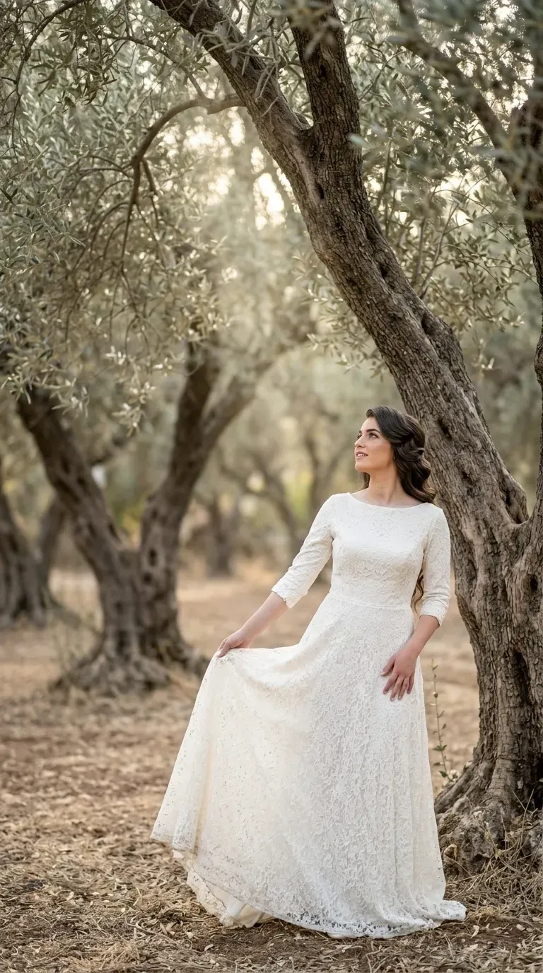 שמלת כלה ארוכה בגזרת A העשויה כולה מבד תחרה עדין בדוגמה פרחונית לכל אורכה. לשמלה מחשוף סירה קלאסי ושרוולים צמודים באורך שלושה רבעים המעוטרים באותה תחרה. חצאית השמלה רחבה ונשפכת בקו נקי עד לרצפה.