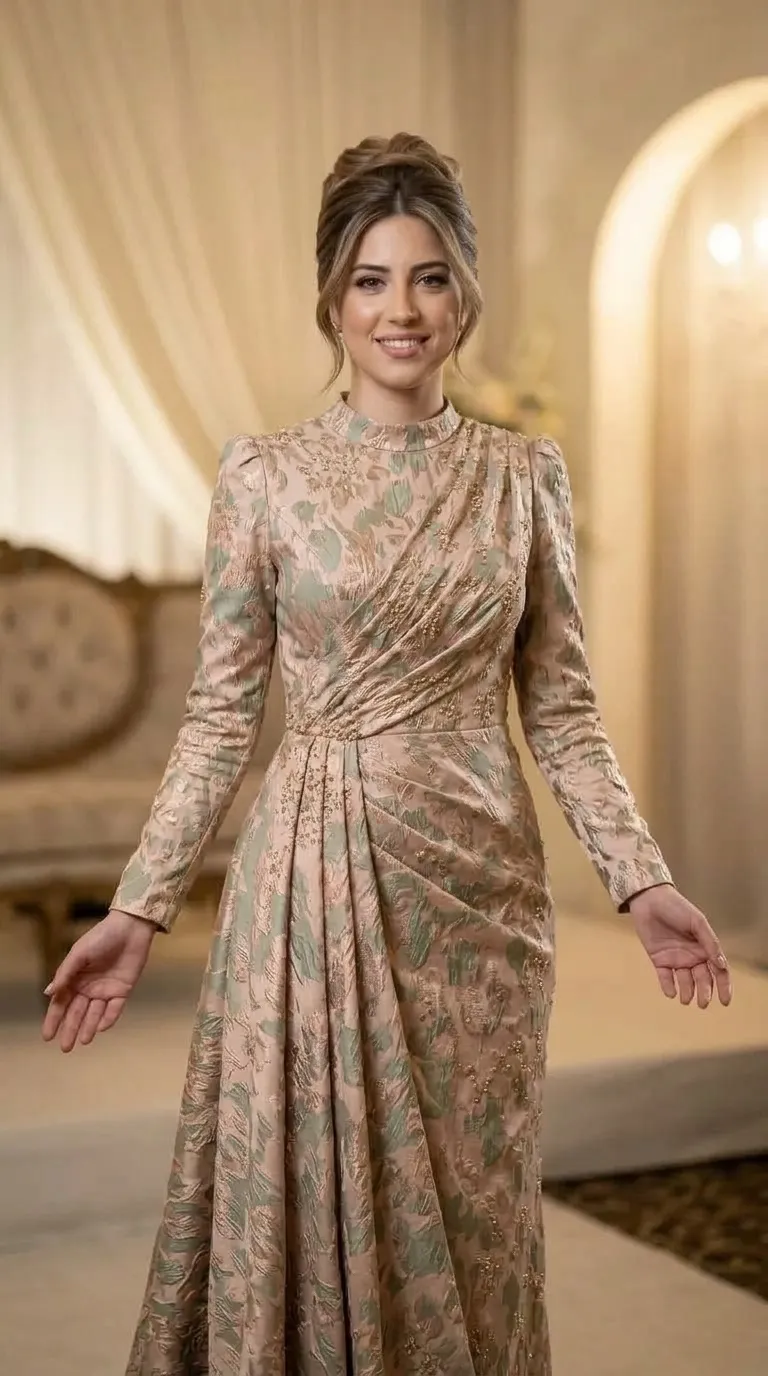A long A-line evening dress made of brocade fabric with a floral pattern in shades of beige and delicate green. The dress is designed with a high collar, long sleeves with a slight volume at the shoulders and a detail of gatherings and elegant draping at the waist and top. Delicate beading decorations are integrated along the folds of the fabric and in the waist area.