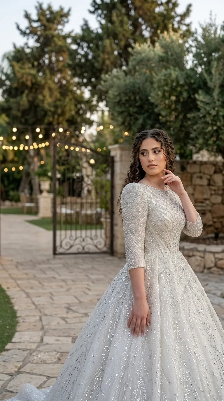 A white wedding dress in a puffy princess cut with a round, closed neckline and three-quarter sleeves. The entire dress is decorated with dense embroidery of beads, sequins and silver glitter in wavy and longitudinal patterns on a delicate fabric. The shimmering decorations continue throughout the wide, flowing skirt to create a rich and luxurious look.