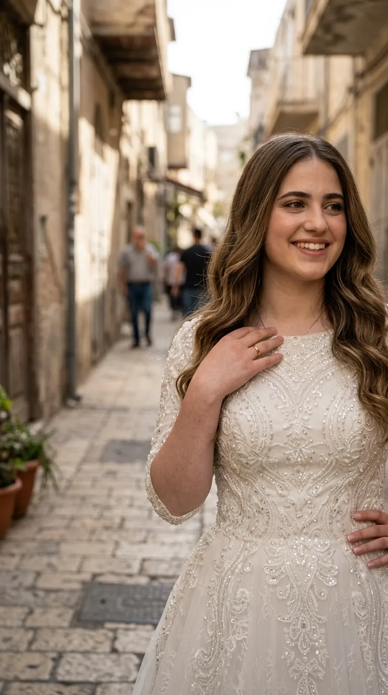 שמלת כלה בגוון שמנת עם מחשוף עגול וסגור ושרוולים באורך שלושה רבעים המעוטרים ברקמה עשירה. השמלה כולה מכוסה בעיטורי חרוזים ופאייטים נוצצים בדוגמאות סימטריות מורכבות על בד עדין. גזרת השמלה מודגשת במותן ומתרחבת כלפי מטה ליצירת מראה קלאסי ויוקרתי.