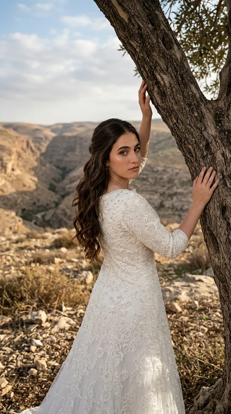 שמלת כלה בגזרת A עם שרוולי שלושה רבעים וצווארון עגול וסגור. השמלה עשויה מבד תחרה עשיר המעוטר ברקמות פרחוניות ובשיבוץ עדין של חרוזים ופאייטים המעניקים לה מראה מנצנץ.
