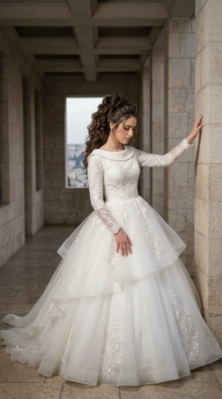 שמלת כלה לבנה בגזרת נפוחה המורכבת מחצאית שכבות טול עתירת נפח המעוטרת באפליקציות תחרה. החלק העליון כולל צווארון סירה רחב ומעוגל מבד אטום ושרוולי תחרה ארוכים ושקופים למחצה עם עיטורי רקמה עדינים.