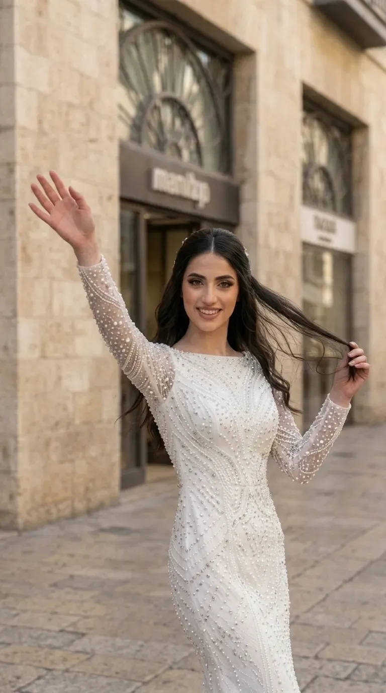 שמלת כלה לבנה בגזרה צמודה הכוללת מחשוף סירה ושרוולים ארוכים ושקופים למחצה. השמלה מעוטרת לכל אורכה בדוגמאות גיאומטריות וקווים מעוקלים המורכבים מפנינים וחרוזים מנצנצים על בד רשת עדין. העיטורים העשירים מכסים את הגוף והשרוולים באופן צפוף ויוצרים מראה יוקרתי ומורכב.