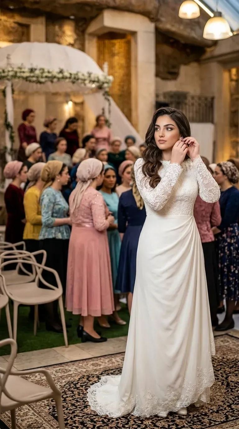 שמלת כלה לבנה בגזרה צנועה הכוללת חלק עליון ושרוולים ארוכים עשויים תחרה עדינה עם צווארון עגול וגבוה. חצאית השמלה עשויה מבד חלק ונשפך המעוצב עם כיווצים אלכסוניים ודירוג בבד, ומסתיימת בשוליים מעוטרים בתחרה תואמת.