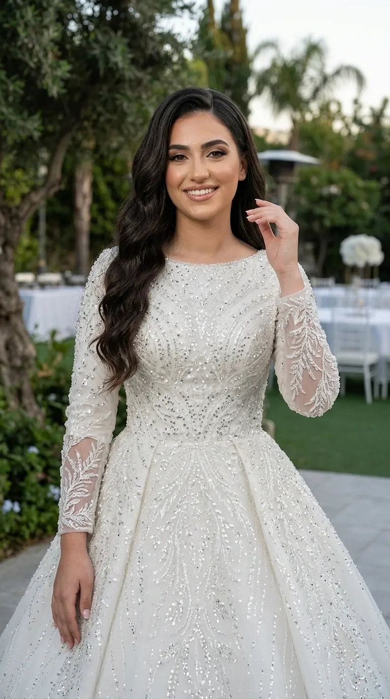 A white wedding dress in a puffy princess cut with a round neckline and long, semi-sheer sleeves decorated with embroidery. The entire dress is covered in beading and sparkling sequins that create symmetrical patterns of leaves and feathers along the body and skirt. The dress's cut includes a defined waist and a wide skirt with subtle gathers that give it plenty of volume.