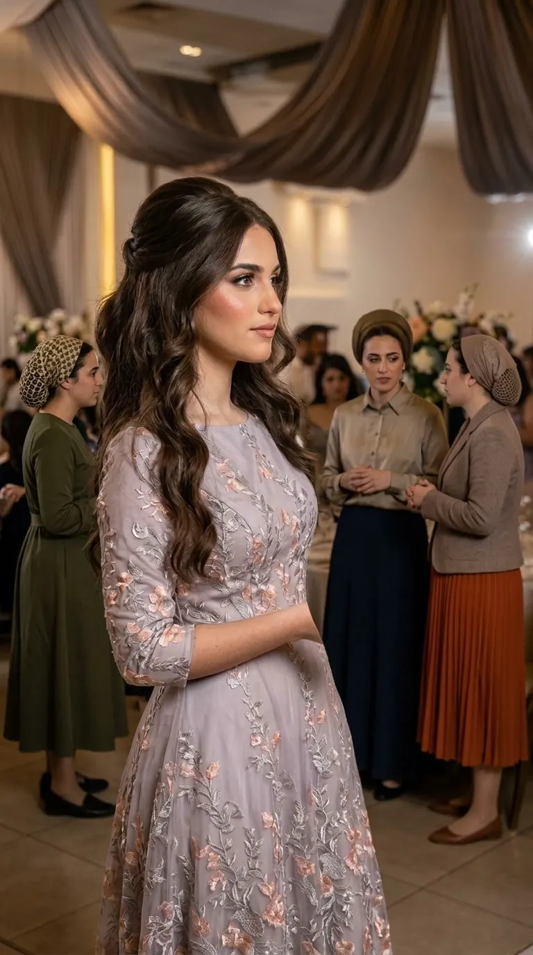 An A-line evening dress in an oval shade made of delicate tulle decorated throughout with rich floral and leaf embroidery in shades of pink and silver. The dress features tight three-quarter length sleeves and a round, closed collar that gives an elegant and modest look.