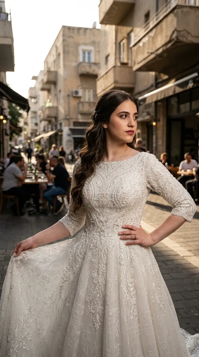 שמלת כלה בגזרת A בעלת מחשוף סירה מעוטר ושרוולים צמודים באורך שלושה רבעים, העשויה מבד תחרה עשיר ברקמות, חרוזים ופאייטים בדוגמאות ערבסקה מורכבות. החלק העליון של השמלה צמוד ומעוטר בצפיפות, והוא מתרחב לחצאית נפוחה ונשפכת המשלבת עיטורי תחרה עדינים לכל אורכה.
