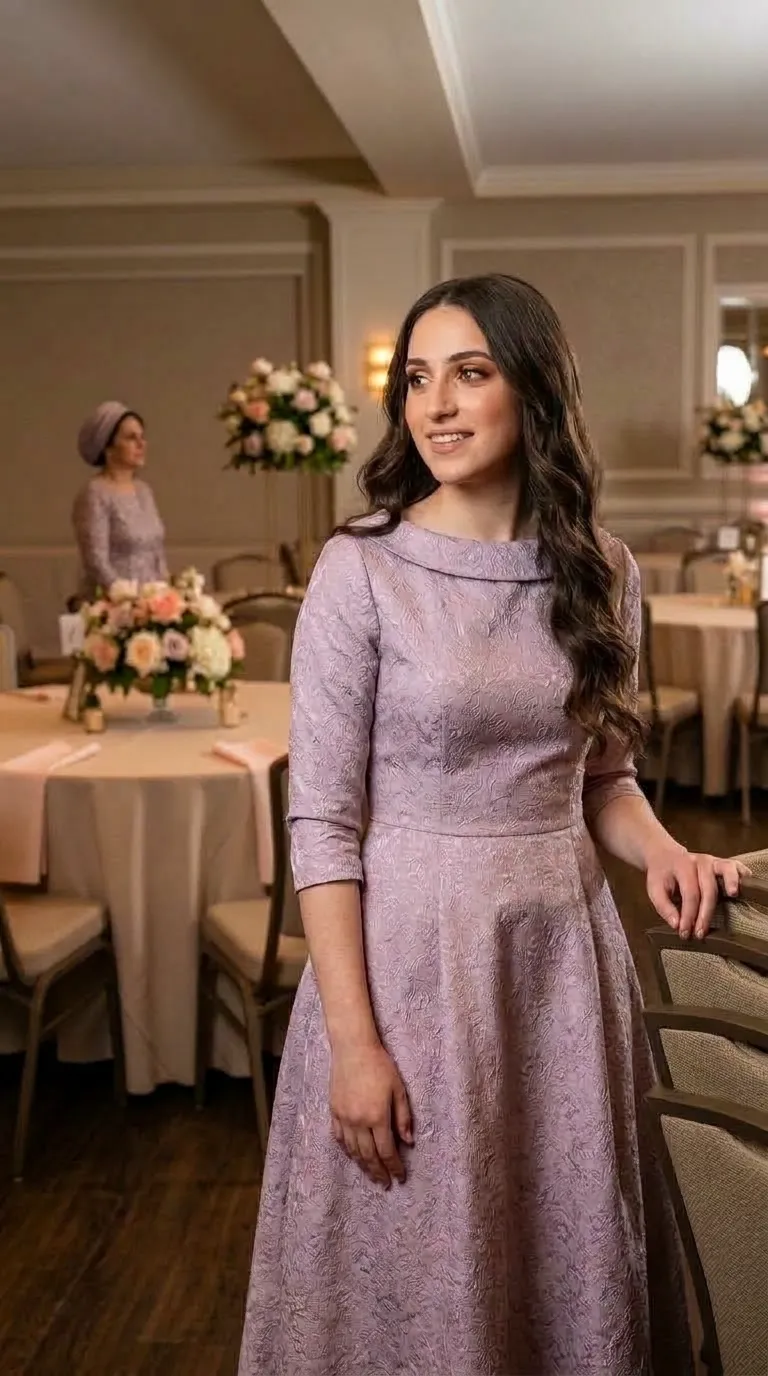 A lilac-purple evening dress made of jacquard fabric with an embossed floral pattern, featuring a wide, pleated boat neck and three-quarter-length sleeves. The dress is designed in a classic A-line with a defined waist and a flared skirt that gives an elegant and structured look.