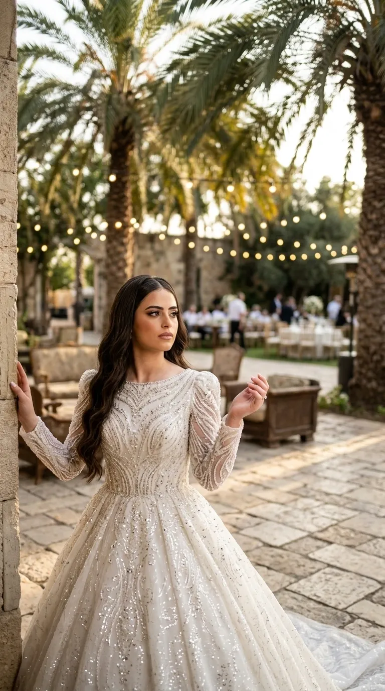 A puffy princess-cut wedding dress with a round neckline and long sleeves, adorned throughout with a rich symmetrical embroidery of sparkling beads and sequins. The fabric is designed with intricate patterns of curved lines and arabesques that give the dress a luxurious and detailed look throughout.