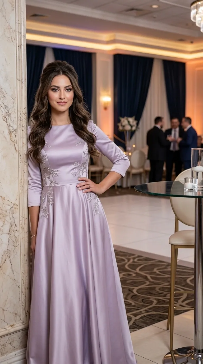 A modest wedding dress sewn with a personal design from high-quality fabrics and lace and beads, long sleeves and a boat neck.