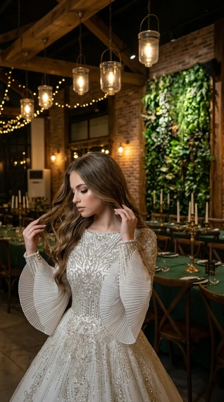 A luxurious white evening gown in a princess cut, with a closed round neckline and long sleeves richly decorated with beads and pearls. The sleeves end in a wide and dramatic finish of delicate pleated fabric, and the entire dress is covered in sparkling beading and sequin embroidery in geometric and organic patterns that continue down to a puffy and voluminous skirt.