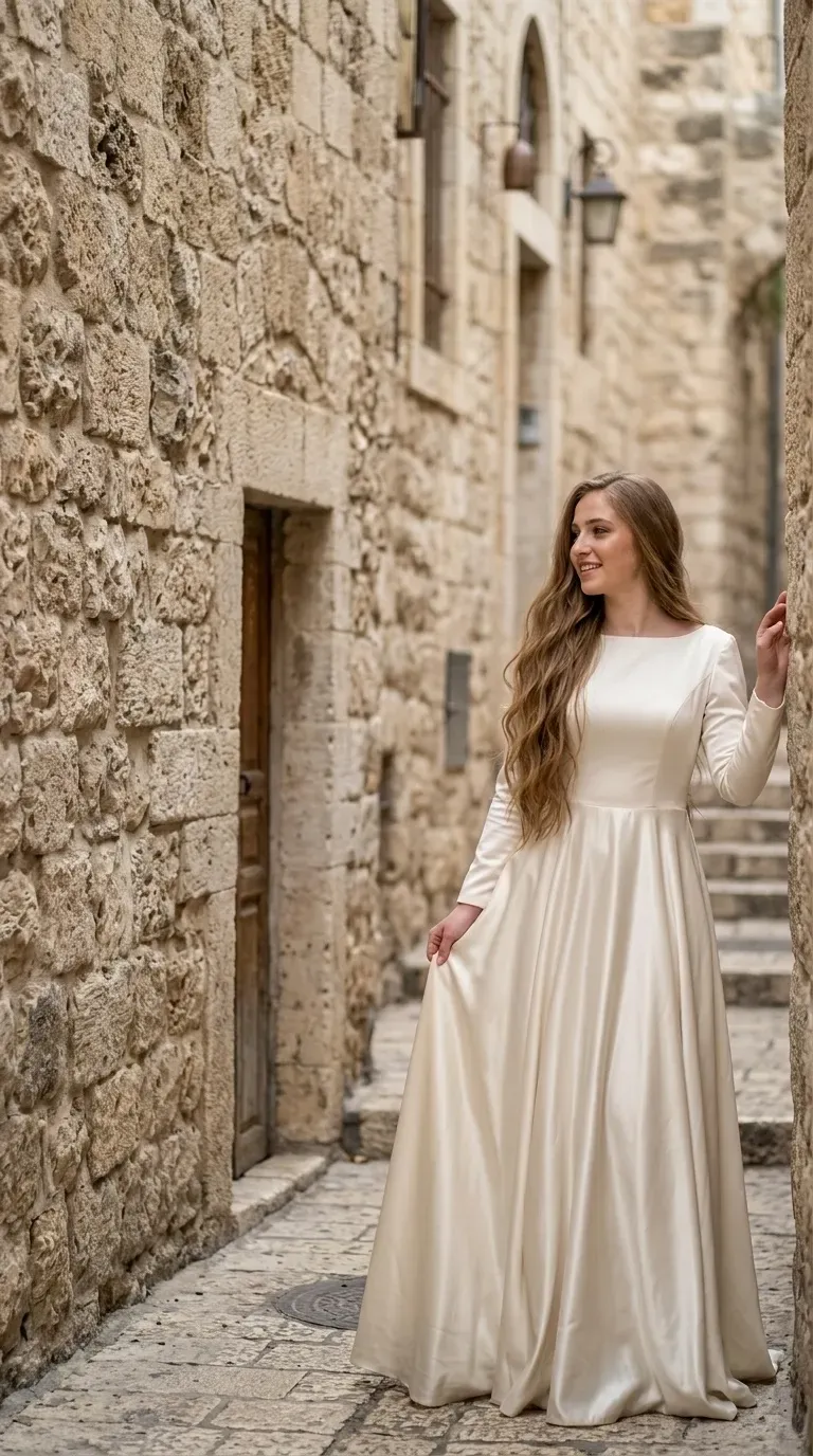 שמלת כלה חלקה בגוון שמנת מבד סאטן מבריק, המאופיינת בשרוולים ארוכים וצמודים ובמחשוף סירה ישר וגבוה. השמלה מעוצבת בגזרת A עם מותן מודגשת וחצאית ארוכה ונשפכת המגיעה עד לרצפה ויוצרת קפלים רכים וטבעיים.