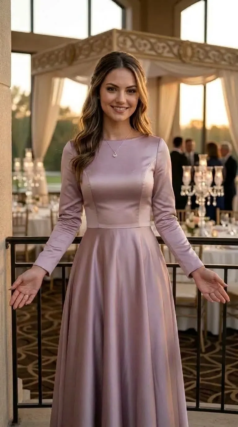 An antique pink satin evening dress with a high boat neckline and long, fitted sleeves. The dress's cut combines a fitted top with a wide, flowing A-line skirt, in a clean, minimalist design without lace or beading.