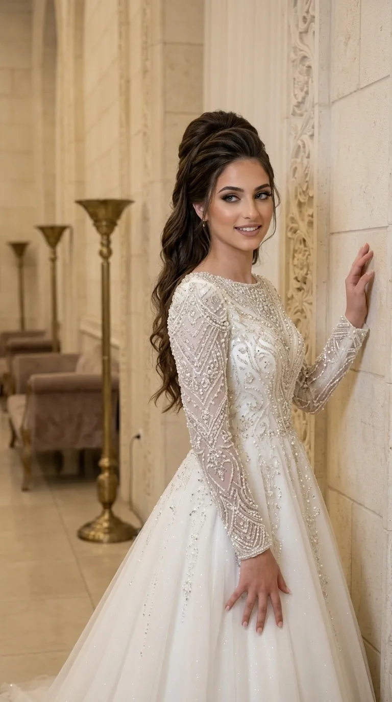 A white A-line wedding dress with a wide tulle skirt adorned with sequins and delicate vertical embellishments. The upper part of the garment, which includes long sleeves and a high round collar, is covered in rich and dense handwork of beads, pearls and embroidery in intricate geometric and floral patterns. The shimmering embellishments continue from the top and gradually blend into the tulle fabric of the skirt.