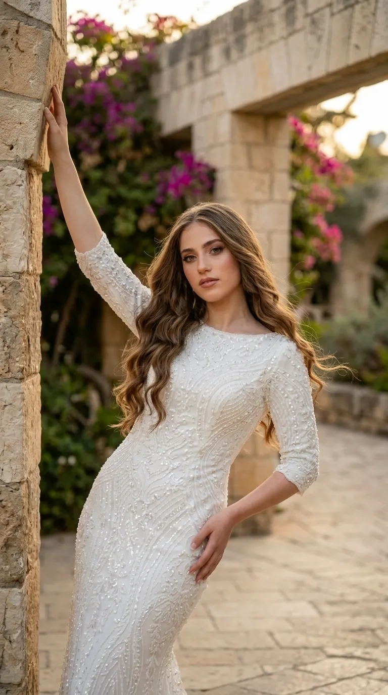 שמלת כלה או ערב לבנה בגזרה צמודה ומחטבת, בעלת מפתח צוואר עגול ושרוולים באורך שלושה רבעים. השמלה עשויה מבד המעוטר לכל אורכו ברקמה צפופה של חרוזים, פנינים ופאייטים בדוגמאות מפותלות ומורכבות המעניקות לה מראה יוקרתי. העיטורים יוצרים מרקם עשיר ובולט בעל ברק עדין על פני כל הבגד.