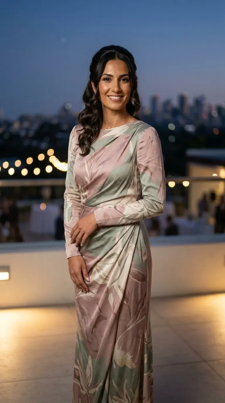 A modest wedding dress sewn with a personal design from high-quality fabrics and lace and beads, long sleeves and a boat neck.