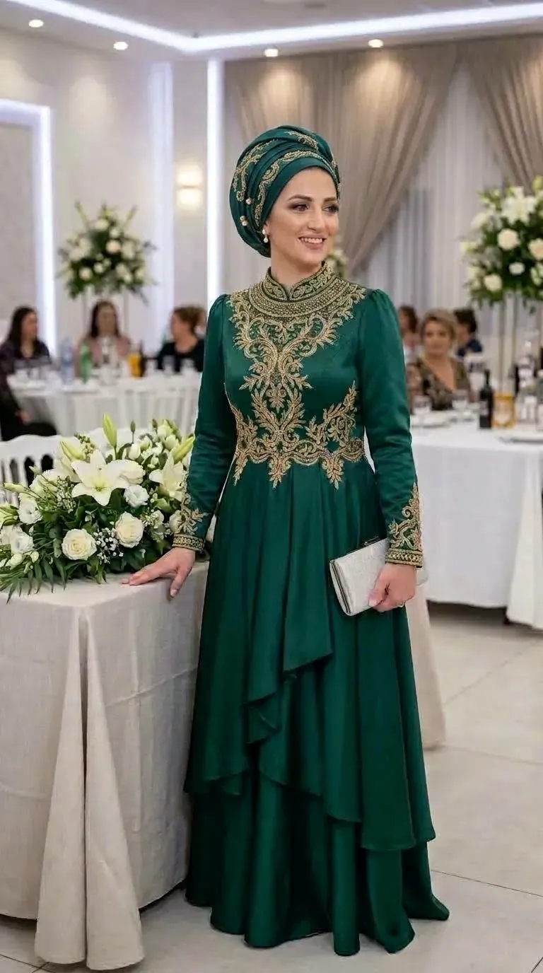 A bottle green evening dress made of shiny satin fabric, with a high collar and long sleeves decorated with dominant oriental-style gold embroidery on the chest and cuffs. The dress is long and features a flowing layered skirt that gives it a rich look with volume and movement.