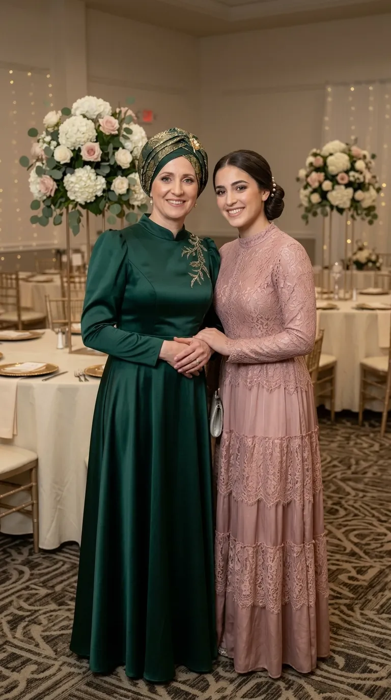 A long evening dress made of deep green satin with a high collar, long sleeves slightly puffed at the shoulders and gold embroidery on one shoulder. Alongside it is a maxi dress in an antique pink shade that combines floral lace fabric, with a high collar, long sleeves and a skirt made of cascading layers of lace.