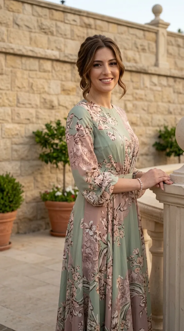 A flared maxi dress made of a flowing, light fabric with a delicate floral print in shades of sage green and pink. The dress has a closed round neckline and long, slightly voluminous sleeves that end in gathered cuffs at the wrists.
