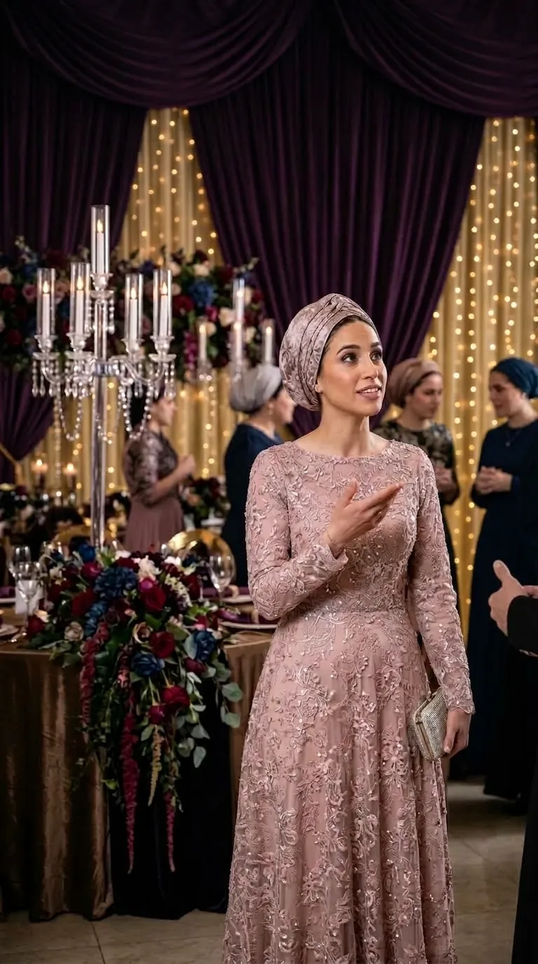 An antique pink evening dress in an A-line cut, adorned throughout with rich floral lace embroidery and delicate inlays of shimmering sequins. The dress has a high, closed boat neckline, long, fitted sleeves, and a flowing skirt that emphasizes the waistline.