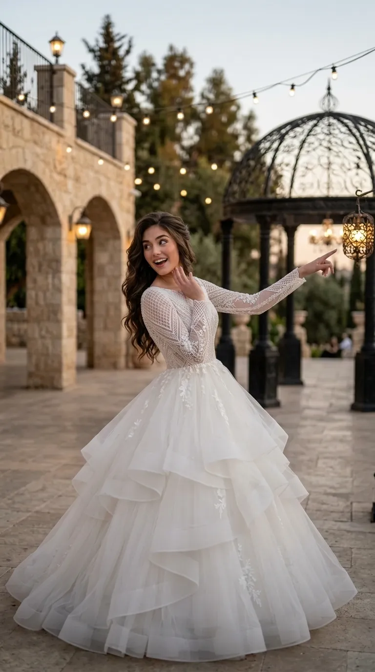 שמלת כלה לבנה הכוללת חלק עליון צמוד עם שרוולים ארוכים מתחרה בדוגמה גיאומטרית ופרחונית וצווארון עגול. חצאית השמלה רחבה ונפוחה, עשויה שכבות מדורגות של בד טול עדין המעוטר בנגיעות של אפליקציות תחרה פרחוניות.