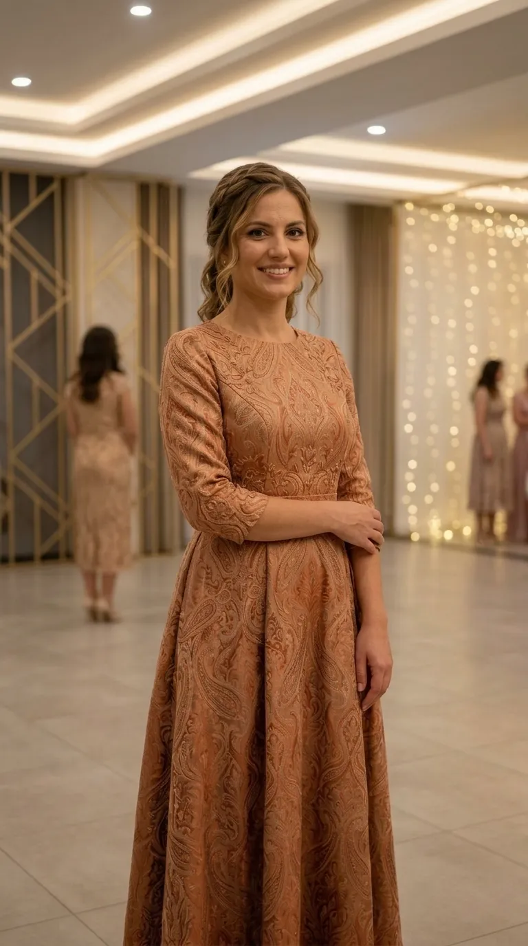 A shiny copper-toned evening dress made of paisley-patterned brocade fabric with intricate embellishments woven into it. The dress is designed in an A-line shape with a defined waist, three-quarter sleeves, and a high round neckline.
