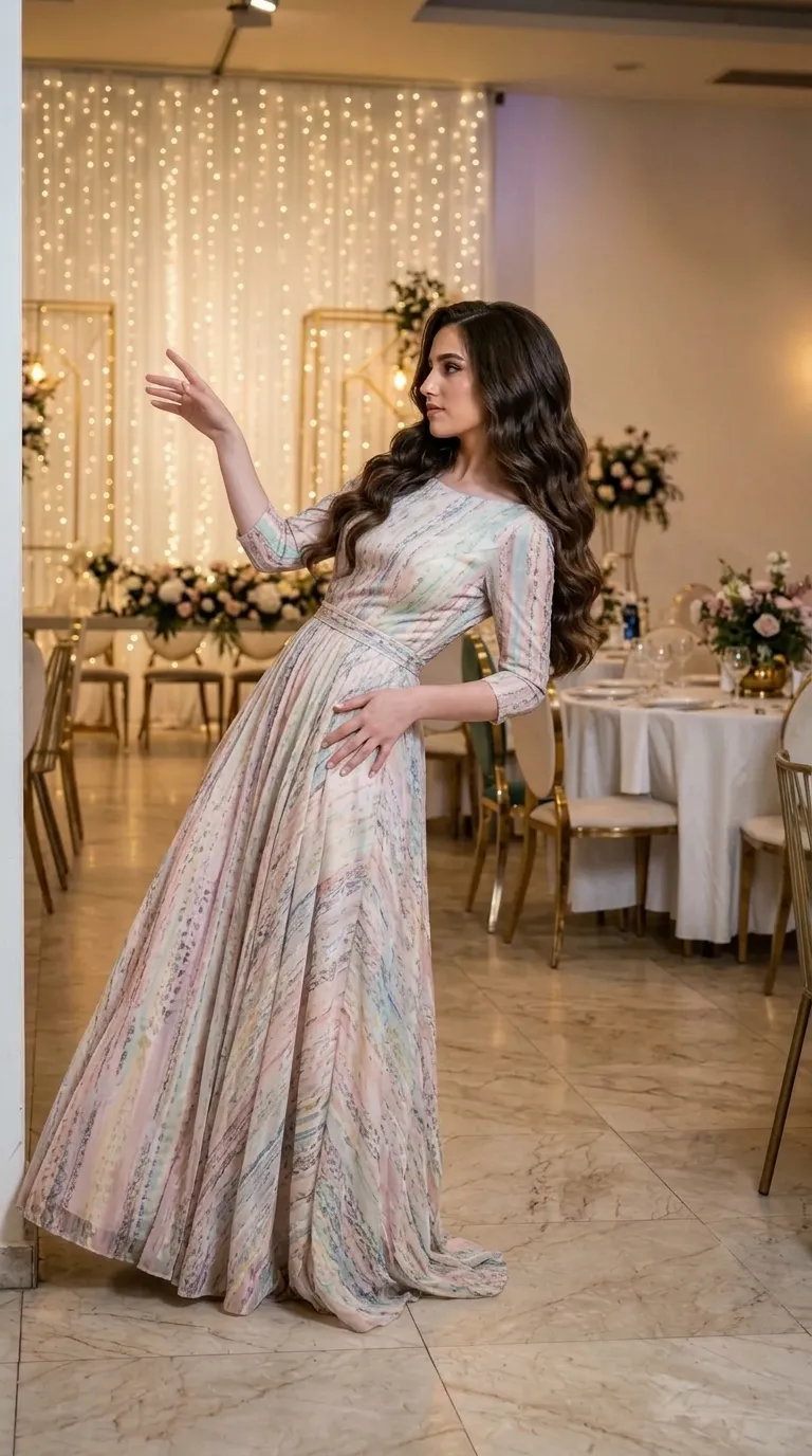A maxi evening dress with a flowing A-line silhouette, featuring three-quarter sleeves and a modest boat neckline. The fabric is decorated with a vertical pattern in pastel shades of pink, green and light blue with a subtle shimmer, highlighted by a matching waistband that separates the fitted top from the fabric-rich skirt.