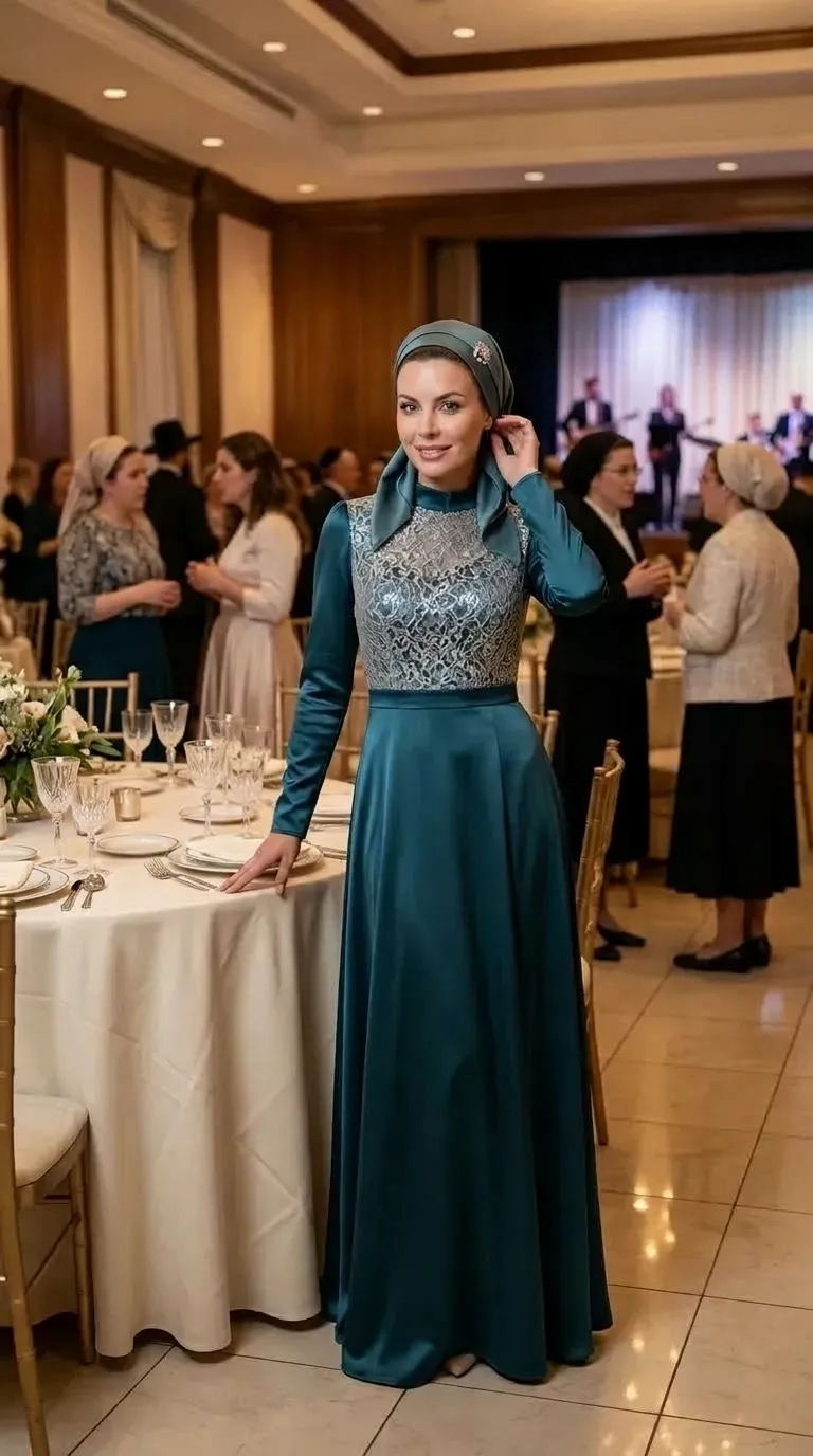 A deep teal-blue evening gown made of shiny satin, with long, fitted sleeves and a high neckline. The top of the dress is decorated with intricate silver lace overlay, and continues into a long A-line skirt that flows to the floor with a cinched waist.