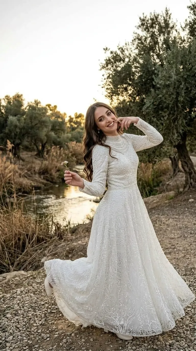 שמלת כלה לבנה בגזרת A בעלת שרוולים ארוכים וצמודים וצווארון גבוה המעוטר בשורות פנינים וחריזה עדינה. השמלה עשויה מבד תחרה עשיר המעוטר כולו בדוגמאות רקומות מורכבות, חרוזים ופאייטים עדינים המכסים את כל אורכה, עם חצאית נשפכת ומתרחבת.