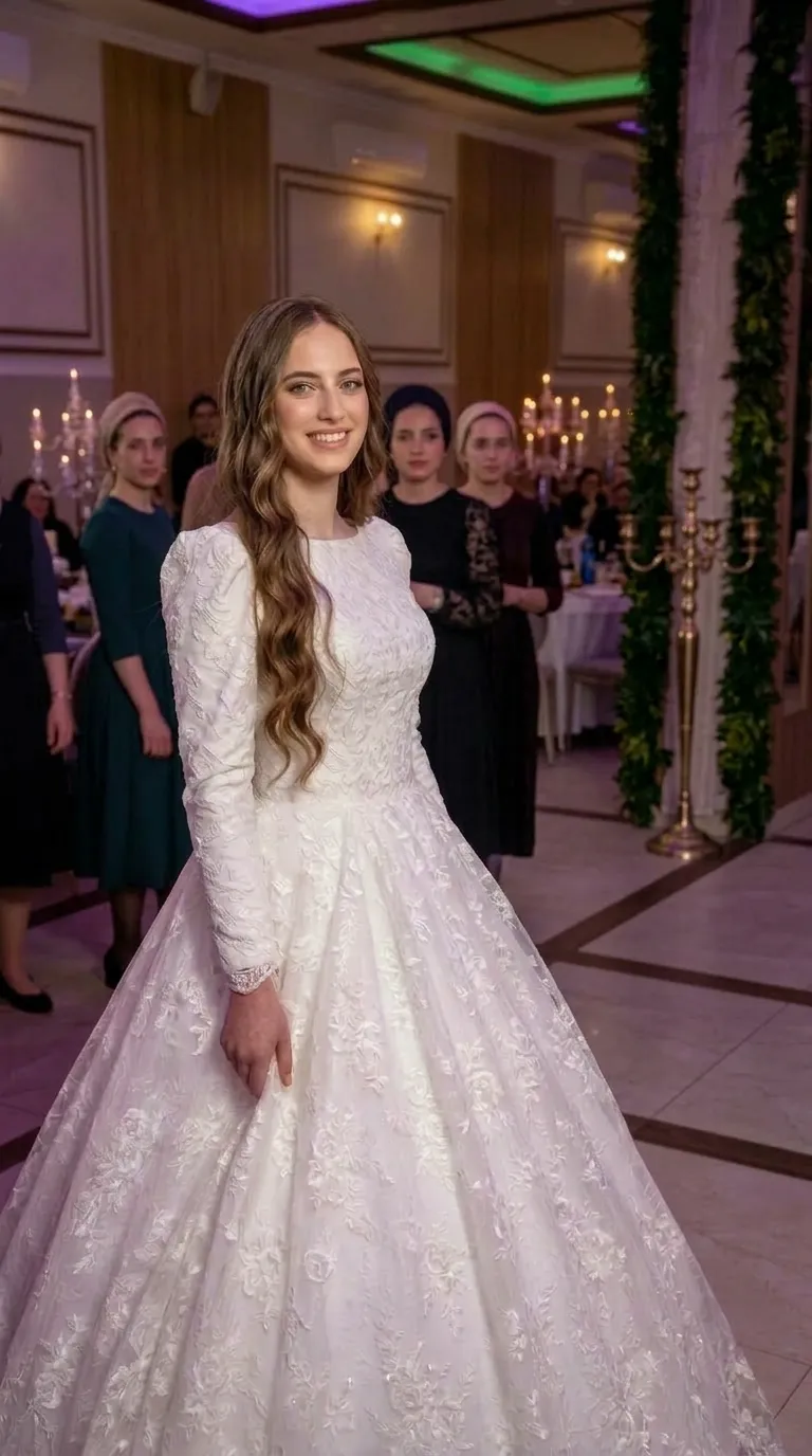 שמלת כלה לבנה בגזרת A עם חצאית נפוחה, המכוסה כולה בבד תחרה בעל עיטורי פרחים בולטים ורקמות עדינות. לשמלה צווארון סגור ושרוולים ארוכים עם נפח קל בכתפיים המסתיימים בחפתים מעוטרים בתחרה בפרקי הידיים.