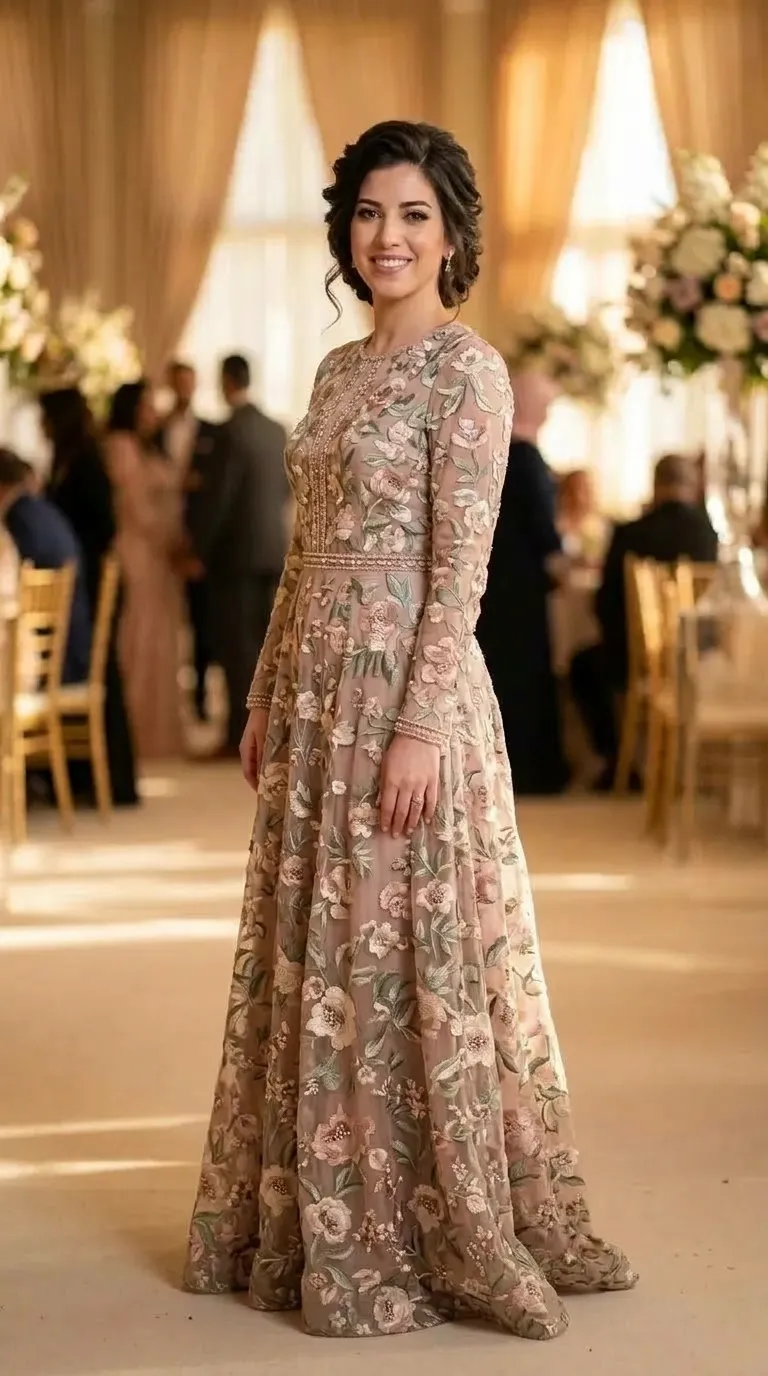 A long A-line evening dress made of tulle in a nude color covered with dense, three-dimensional floral embroidery in shades of pink, green and cream. The dress has a high round neckline, long sleeves and a decorative beaded stripe down the center of the body that combines with a delicate waist belt. The skirt of the dress flows to the floor and is decorated throughout with the same rich floral pattern.