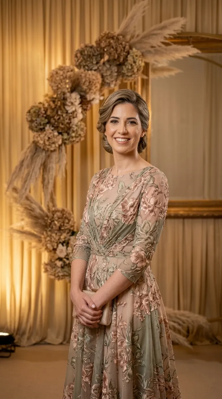 An A-line evening dress with a round neckline and semi-sheer three-quarter sleeves, made of sage green mesh fabric. The dress is decorated with rich and striking floral embroidery in shades of antique pink and cream that combines delicate beads throughout. The top of the dress features diagonal gathers at the waist that give it a sculpted and flowing look.