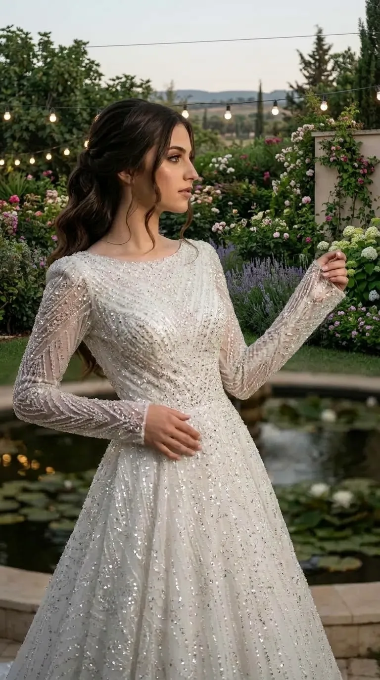 A white A-line wedding dress with a boat neckline and long sleeves, decorated throughout with silver sequins and beads in geometric patterns. The dress is made of shimmering mesh fabric and its bottom part flares out to create a puffy and rich look.
