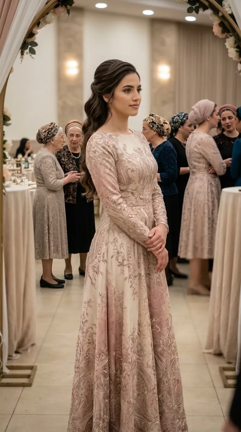 A long A-line evening dress made of rich fabric with floral embroidery and paisley decorations in shades of antique pink and champagne. The dress has a round, closed neckline and long, tight sleeves decorated with a complex pattern throughout. The skirt of the dress flows in soft folds to the floor, emphasizing the luxurious texture and pattern of the fabric.