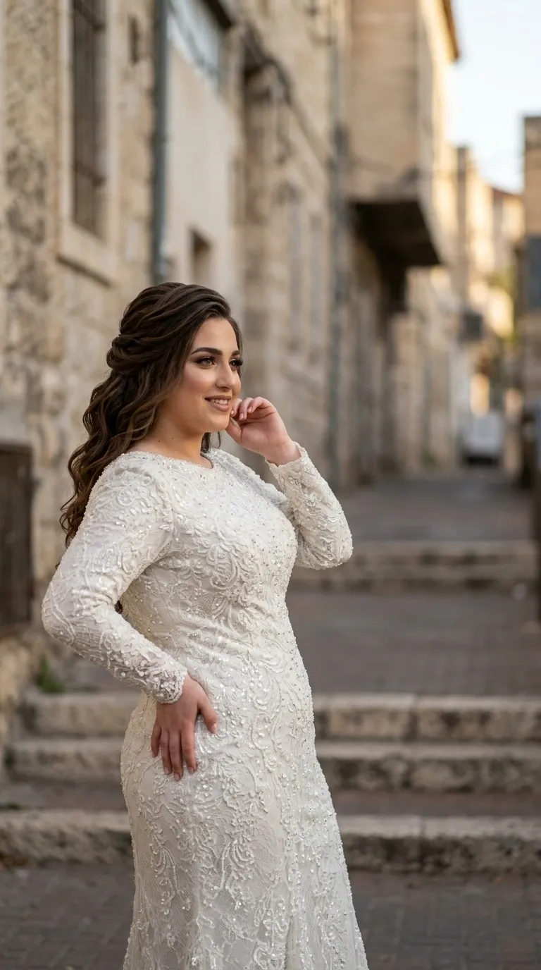 שמלת כלה לבנה בגזרה צמודה, העשויה מבד תחרה עשיר המעוטר ברקמת חרוזים ופייטים נוצצים בדוגמאות מורכבות. לשמלה שרוולים ארוכים וצמודים ופתח צוואר עגול וגבוה, המכוסים כולם באותה עבודת יד מפורטת.