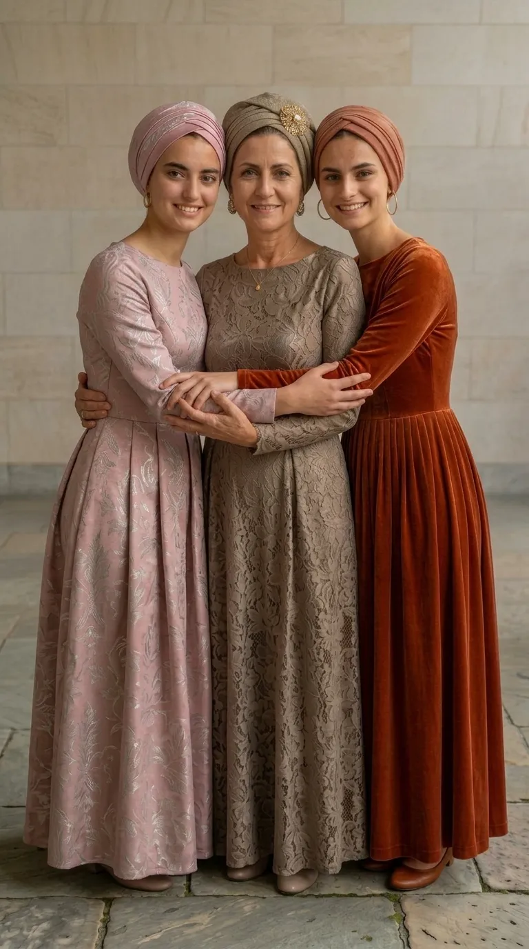Modest evening dresses with long sleeves and a round neckline, made from floral jacquard fabrics, delicate lace and smooth velvet. The cuts include a fitted waist and wide maxi skirts with gathers and folds of fabric that give volume and an elegant look.