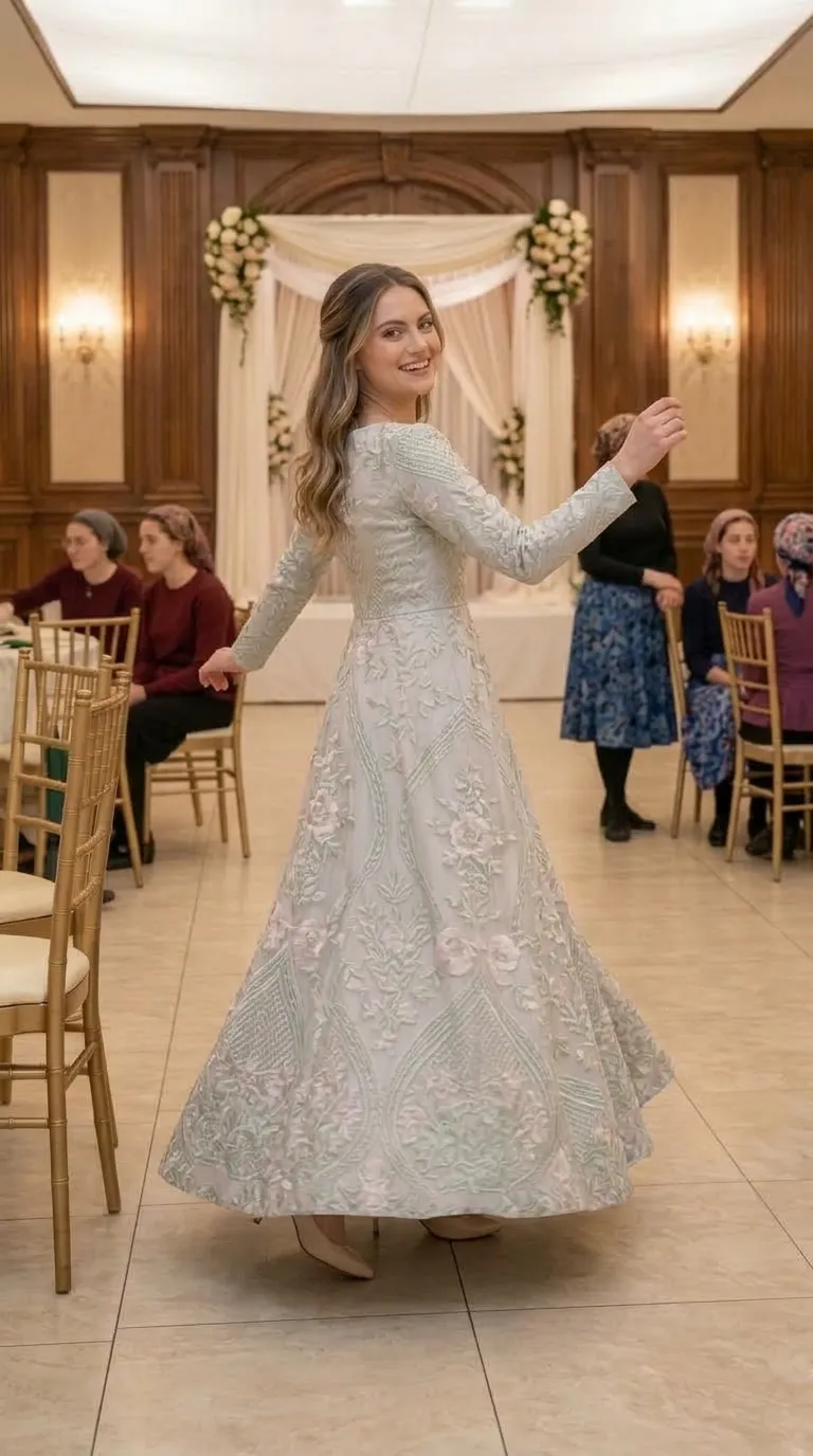 A long, high-waisted A-line evening dress featuring long, fitted sleeves and a modest, closed neckline. The dress is made of rich, cream-colored lace fabric decorated with dense embroidery of intricate floral and geometric patterns. The dress is embellished with delicate 3D flower appliqués and beaded embellishments throughout.