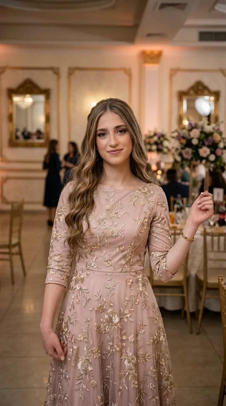 An antique pink evening dress in an A-line cut, featuring a boat neckline and three-quarter sleeves. The dress is made of a delicate fabric decorated throughout with rich and luxurious golden floral embroidery. The cut features a defined waist and a softly flared bottom.