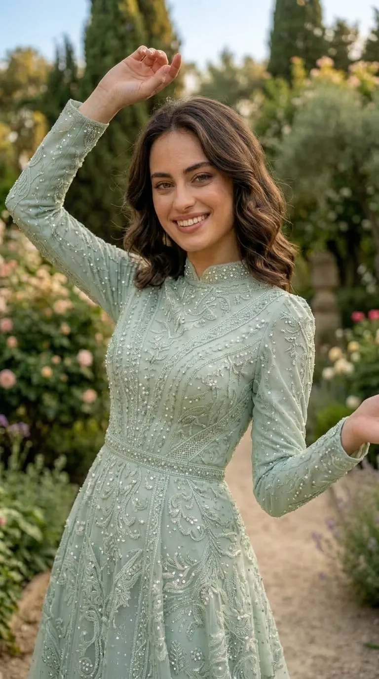 A sage green evening dress with a waist-hugging silhouette and a flared skirt, featuring long sleeves and a high collar. The fabric is made of semi-sheer mesh that is covered entirely in intricate embroidery of plant patterns, pearls and delicate beads that give it a rich and shimmering look.