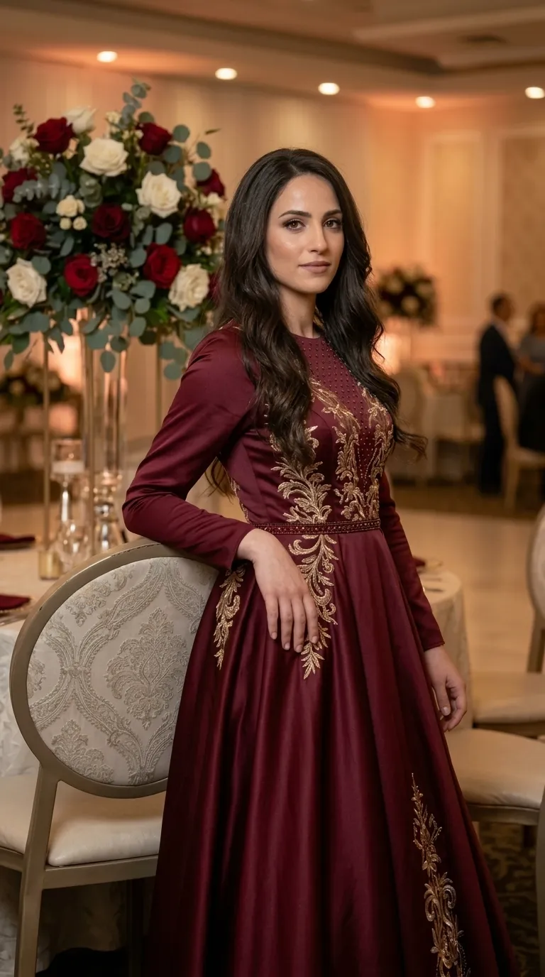 A deep burgundy evening dress made of shiny satin, featuring long sleeves and a high round neckline decorated with delicate beads. The dress is in an A-line shape with a defined waist, and features prominent golden floral embroidery that adorns the torso, waistline, and parts of the flowing skirt.
