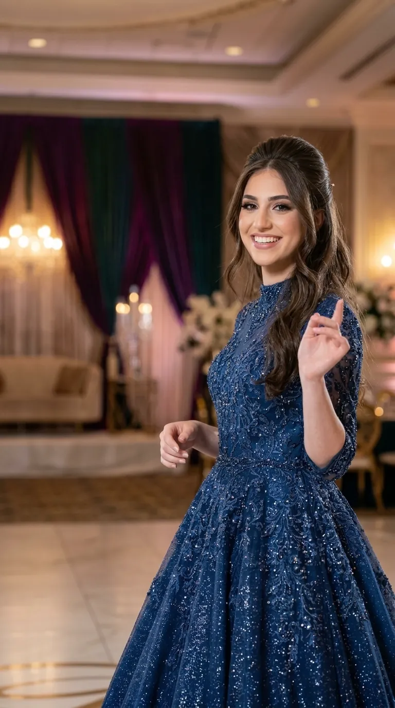 A dark blue evening dress in an A-line cut with a defined waist and a wide, puffy skirt. The dress is designed with a high collar and three-quarter sleeves made of semi-transparent mesh fabric, all decorated with rich lace embroidery, beads and sparkling sequins in floral patterns. All parts of the garment are embedded with glittering decorations that give it a luxurious and voluminous look.
