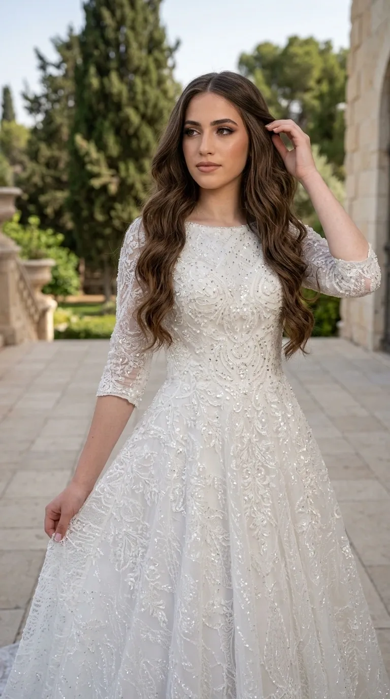 שמלת כלה לבנה בגזרת A בעלת מחשוף סירה ושרוולי תחרה שקופים באורך שלושה רבעים. השמלה עשויה מבד תחרה עדין המעוטר לכל אורכו בדוגמאות רקמה מורכבות, חרוזים ופאייטים מנצנצים המעניקים לה מראה יוקרתי ועשיר.